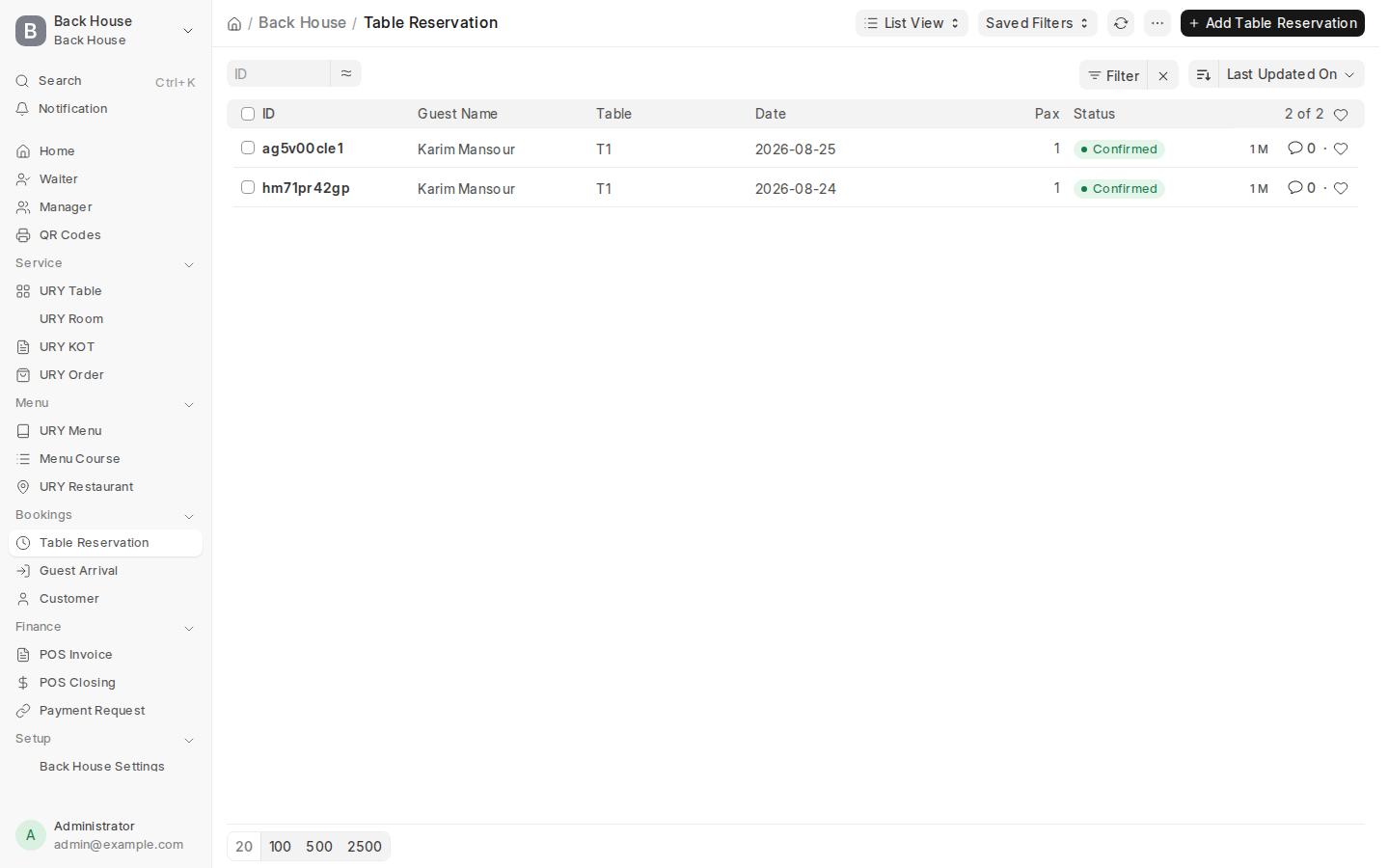 Table Reservations Management Console